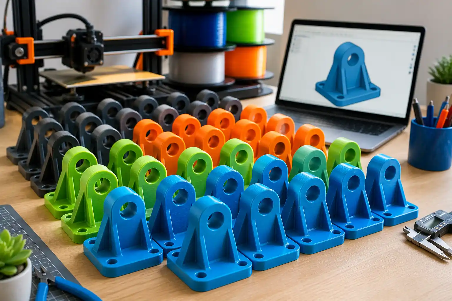 Griglia di pezzi identici stampati in 3D pronti per la spedizione